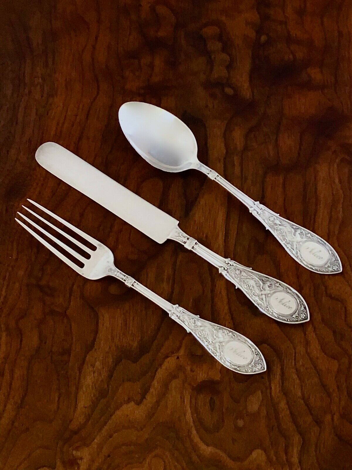 Whiting Sterling Silver 3 Pc Youth Set: Fork, Spoon, Knife Arabesque Mono Alice